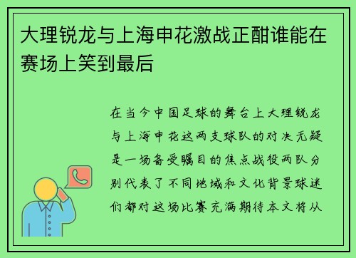 大理锐龙与上海申花激战正酣谁能在赛场上笑到最后