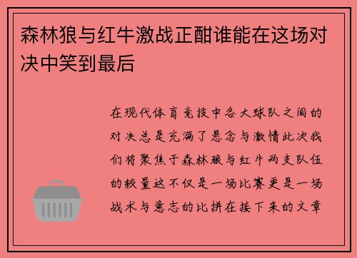 森林狼与红牛激战正酣谁能在这场对决中笑到最后