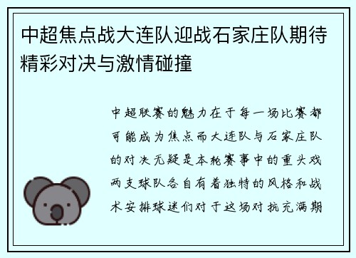 中超焦点战大连队迎战石家庄队期待精彩对决与激情碰撞