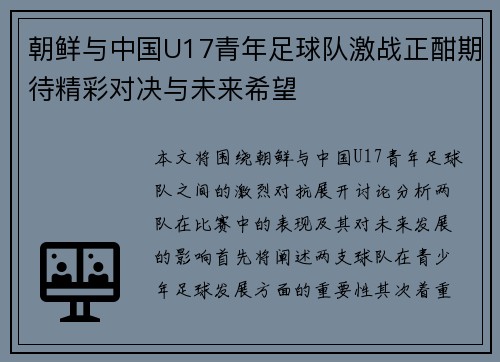 朝鲜与中国U17青年足球队激战正酣期待精彩对决与未来希望