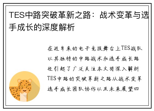TES中路突破革新之路：战术变革与选手成长的深度解析