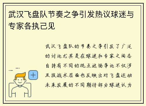 武汉飞盘队节奏之争引发热议球迷与专家各执己见