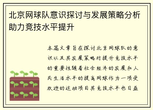 北京网球队意识探讨与发展策略分析助力竞技水平提升